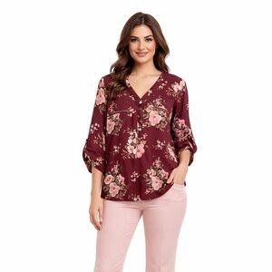 Wishful Park Red Floral Blouse with Roll Tab Sleeve